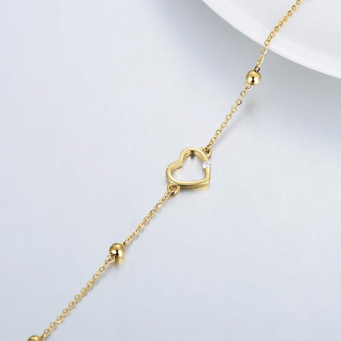14K Solid Gold Moissanite Heart Bracelet for Women, Real Gold Love Heart Bracelets Anniversary Christmas Jewelry Gift for Her, Wife, Mom, Sister 8"