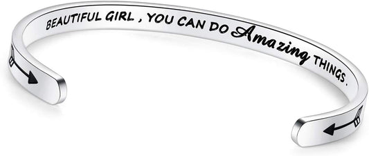 TONY & SANDY Inspirational Bracelets for Women Teen Girls Personalized Gifts for Daughter Granddaughter Mom Sister Friends Stainless Steel Engraved Cuff Birthday Easter Christmas