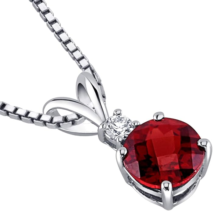 PEORA 14K White Gold Garnet and Diamond Pendant, Genuine Gemstone Elegant Solitaire, Round Shape, 6.50mm, 1.40 Carats total, Valentine's Gift for Her, Wife, Sister, Women Gift Ideas w/Jewelry Box
