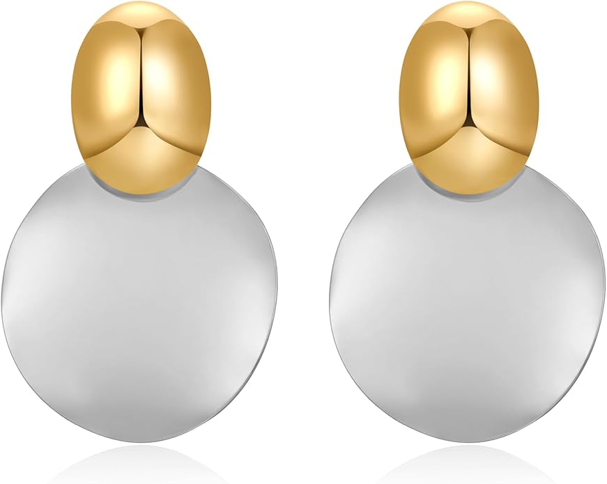 FAMARINE Big Disc Drop Earrings Gold Dangle Earrings Round Hammered Earrings Women