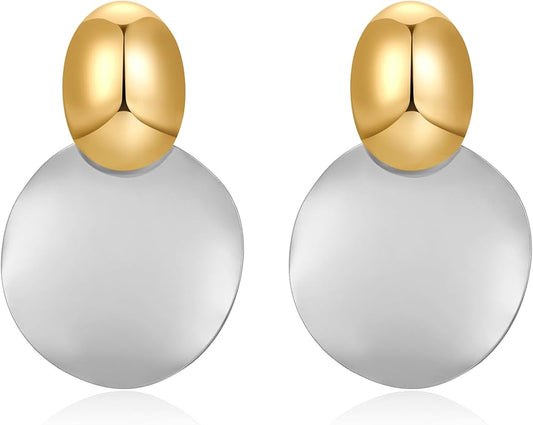 FAMARINE Big Disc Drop Earrings Gold Dangle Earrings Round Hammered Earrings Women