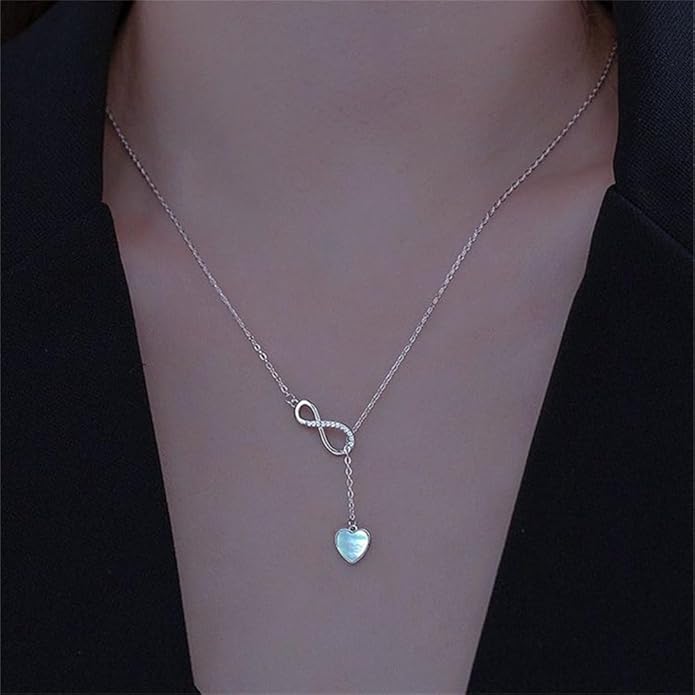 Infinity Lariat Y-Necklace for Women 925 Sterling Silver Love Heart Mother of Pearl Pendant Long Link Chain Necklaces Adjustable Delicate Wedding Birthday Valentines Jewelry Gift 20 inches
