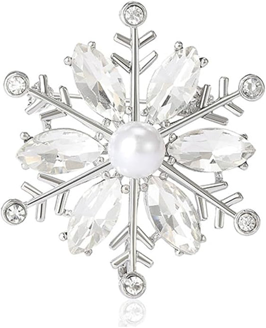 Crystal Snowflake Brooch for Women - Rhinestone Winter Pin with Pearl - Elegant Christmas Accessory for Clothing, Hat, Bag, Skirt - Birthday Party Costume Jewelry