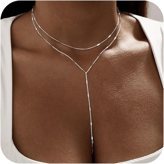 Long Gold Necklace for Women Trendy, Dainty Layered Lariat Necklace 14k Gold Plated Silver Y Shaped Beaded Chain Non Tarnish Drop Necklaces Simple Adjustable Jewelry Gift