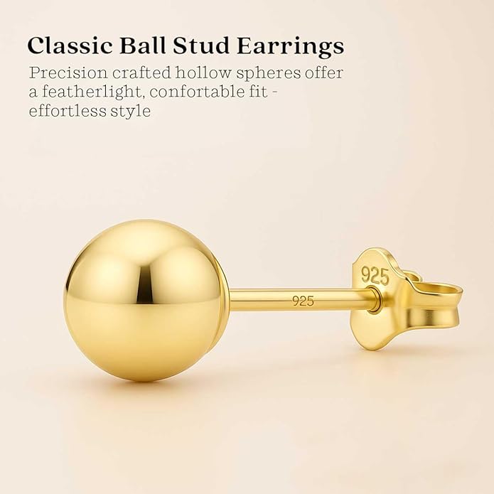 KEZEF Sterling Silver Ball Stud Earrings Hypoallergenic Earrings for Women | Available in Sterling Silver, Rose Gold, or 14K Gold Plated Silver (2mm-10mm)