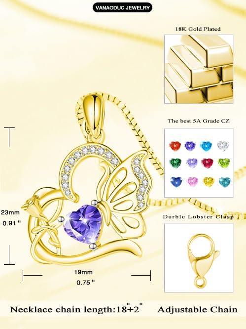 Birthstone Heart butterfly Necklace for Women, Infinity Pendant 14K Gold /18K White Gold Womens Necklaces, Jewelry Anniversary Birthday Christmas Gifts for Her Mom Wife﻿