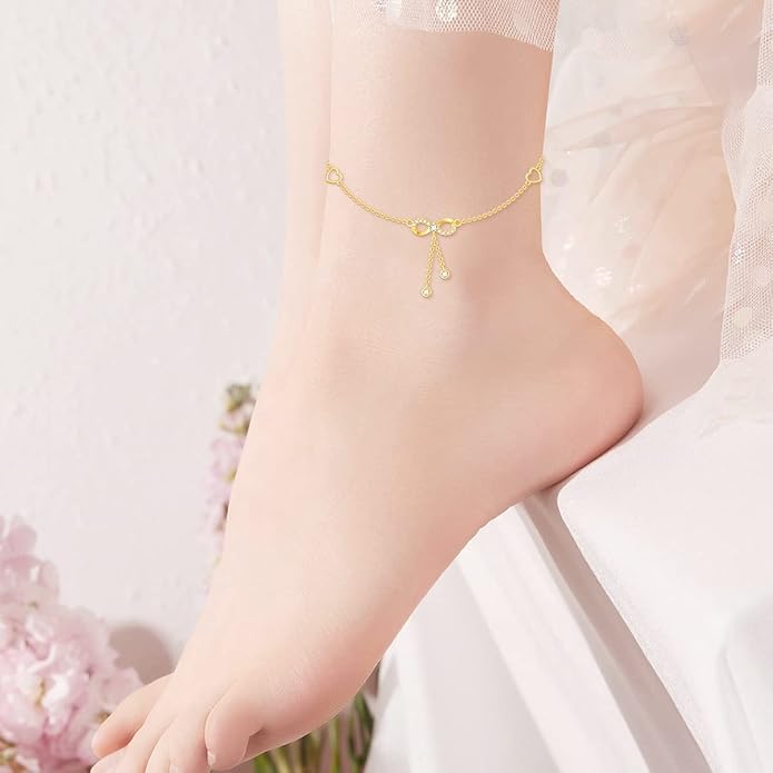 14K Solid Gold Heart Infinity Anklet for Women,Real Gold Dainty Moissanite Infinity Heart Anklets Beads Station Anklet Foot Link Anniversary Birthday Jewelry Gifts for Wife Mom 8''+2''
