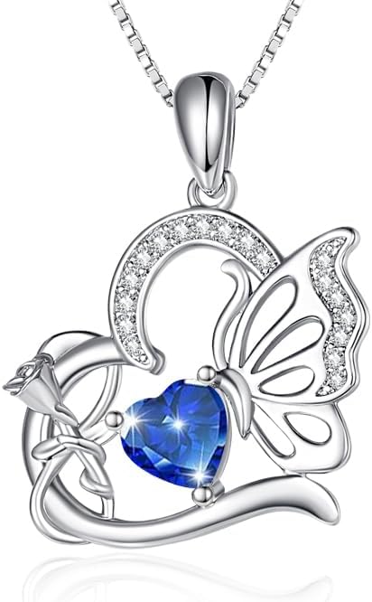 Birthstone Heart butterfly Necklace for Women, Infinity Pendant 14K Gold /18K White Gold Womens Necklaces, Jewelry Anniversary Birthday Christmas Gifts for Her Mom Wife﻿