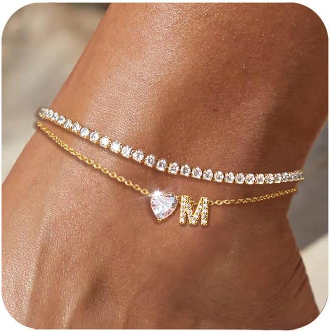 Gold Initial Ankle Bracelets for Women Waterproof 14K Gold Filled Layered Anklets for Women Non Tarnish Women's Anklets Adjustable Large Ankle Summer Beach Foot Jewelry