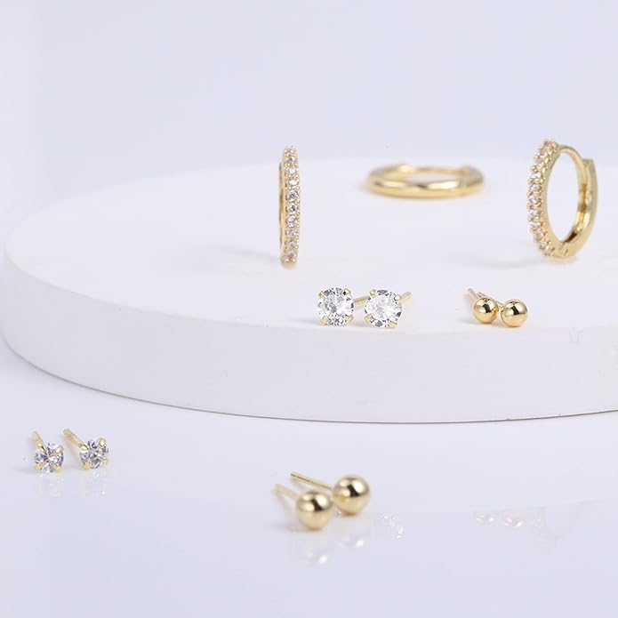Stud Earrings for Women Hypoallergenic Sterling Silver Post Hoop and Studs Earrings Set for Multiple Piercing Small Ball Cubic Zirconia Earring Studs for Women Trendy Jewelry Gifts（6 Pairs）