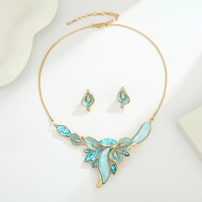 Chunky Statement Jewelry Set Vintage Retro Leaf Flower Floral Geometric Bohemian Boho Bib Necklace Earring Set Fashion Costume Jewelry for Women Girls Wedding Party Prom Unique Gift
