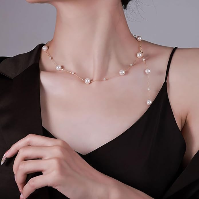 Boho Pearl Y Shape Necklaces for Women, Dainty 14k Gold Plated Pearl Beaded Chain Choker Necklace Trendy Jewelry Accessories Gift