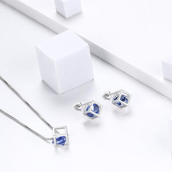 Aurora Tears Birthstone Necklace/Earring 925 Sterling Silver Women Cross/3D Cube/Cresent Moon Birth Stone Jewelry Mens Birthday Gift Anniversary Present