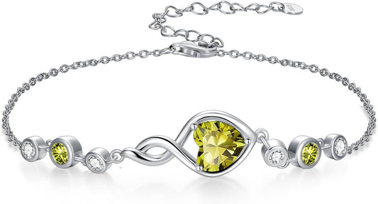 Infinity Birthstone Bracelet 925 Sterling Silver Heart Love Infinity Link Bracelet Fine Jewelry Birthday Christmas Gifts for Women Girlfriend Wife