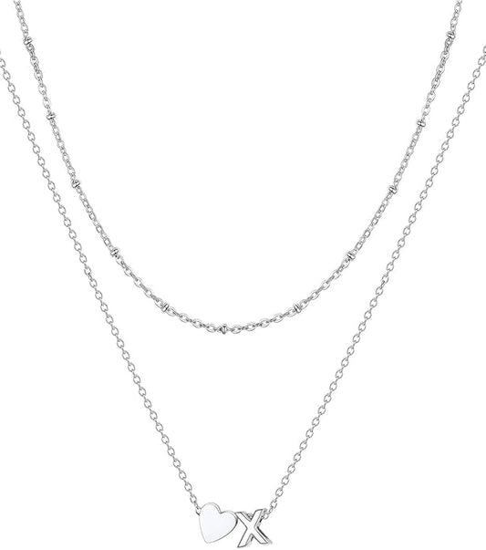 FOCALOOK Layered Initial Necklace for Women, 14K Gold Plated Choker Necklaces Stacks with Initial A-Z, Dainty Silver Heart Pendant Necklace Personalized Birthday Women Jewelry