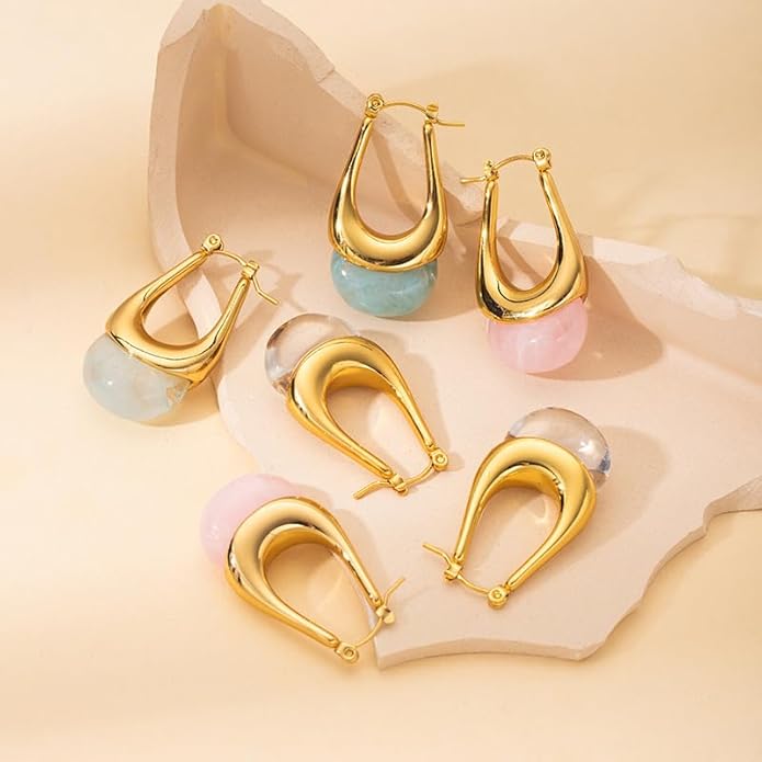 Vintage Gold Hoops Earrings for Women,Brown White Blue Pink Chunky Dangle Drop Jewelry with Resin Gemstones, Trendy Statement Earrings for Beach,Party, Vintage Gift for Travel Maximalist Jewelry
