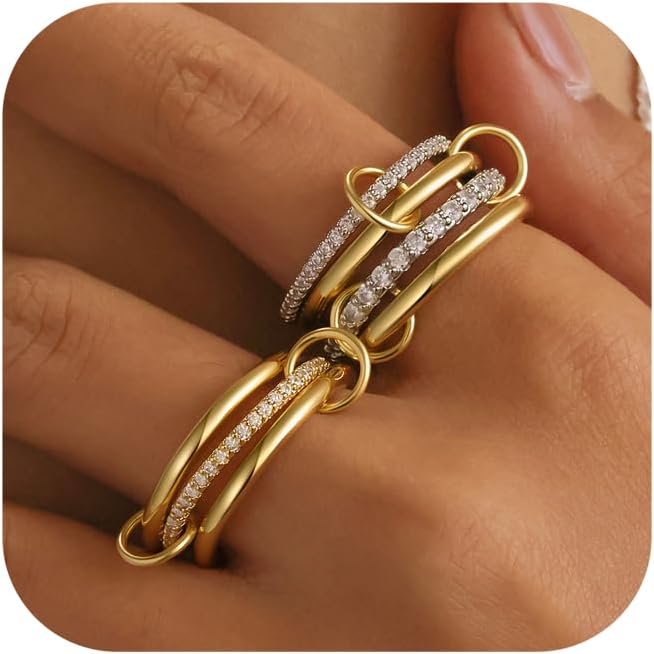 FUSAHURIY 2PCS Gold Stackable Rings Set for Women, 14K Gold Plated Interlocking Linked Rings with Cubic Zirconia, Gold Silver Mixed Metal Stackable Ring, Statement Jewelry Gifts