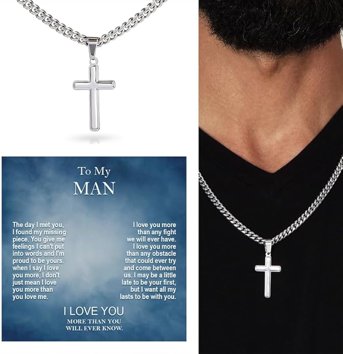 SUTERY Cross Cuban Chain Necklace - Promise Necklace for Him, Necklace for Boyfriend, Mens Necklace for Fiance, Valentine's Day