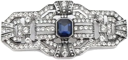 LARGE Antique Vintage Classic Art Deco Style Silver Tone Blue Sapphire Rhinestone Statement Bridal Wedding Brooch Pin