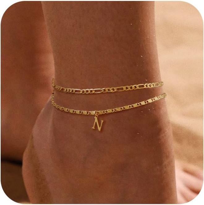 Tasiso Initial Ankle Bracelets for Women，Layered Waterproof Anklet for Women 14K Gold Filled Anklets Layering Thin Figaro Letter Anklet Summer Jewelry Gifts for Women