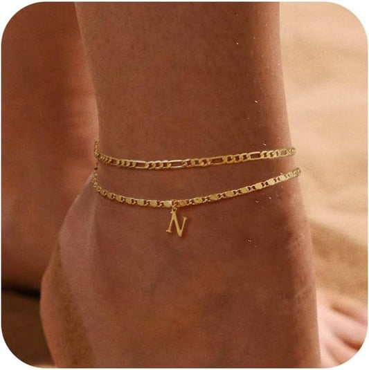 Tasiso Initial Ankle Bracelets for Women，Layered Waterproof Anklet for Women 14K Gold Filled Anklets Layering Thin Figaro Letter Anklet Summer Jewelry Gifts for Women