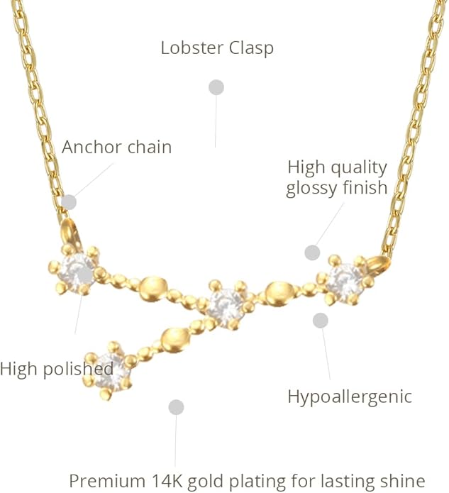 Zodiac 18K Gold Plated CZ Necklace With Message Card, Yellow Gold Color, Anchor Chain, Best Gift Necklace, Size 16 inch + 2 inch Extender, Pendant, Constellation, Gift Card