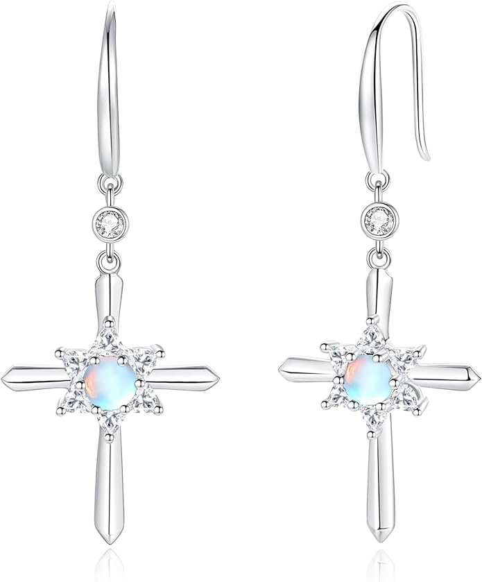 FANCIME Cross Dangle Drop Earrings 925 Sterling Silver Dainty Round Birthstone Earring Fine Jewelry Birthday Gifts for Her Women