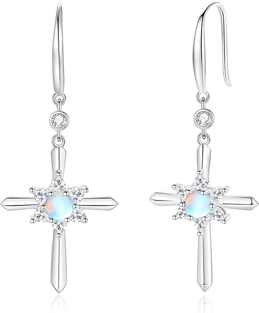 FANCIME Cross Dangle Drop Earrings 925 Sterling Silver Dainty Round Birthstone Earring Fine Jewelry Birthday Gifts for Her Women