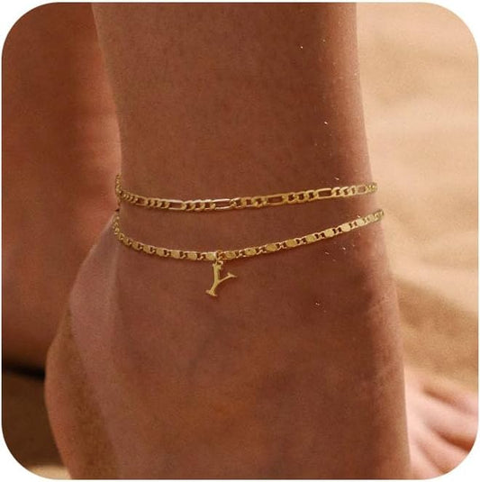 Tasiso Initial Ankle Bracelets for Women，Layered Waterproof Anklet for Women 14K Gold Filled Anklets Layering Thin Figaro Letter Anklet Summer Jewelry Gifts for Women