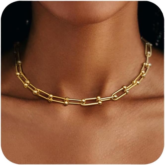 Choker Necklace for Women Men Trendy | Sterling Silver Plated Necklace 14K Gold Plated Chunky Necklaces Thick Cuban Link Chain Hypoallergenic Statement Paperclip Necklace Punk Fashion Jewelry
