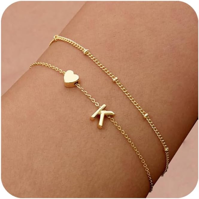 DEARMAY Dainty Initial Heart 14K Gold Plated Bracelets for Women Trendy, Letter Charm Bracelet Jewelry Cute Simple Fashion Chain Gift