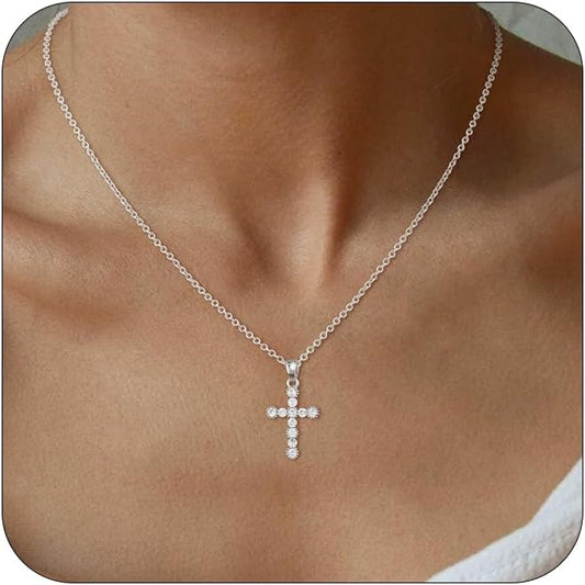 VIROMY Gold Cross Necklace for Women - Dainty Diamond Cross Pendant Necklaces Non Tarnish Waterproof Necklace Simple Choker Minimalist Jewelry