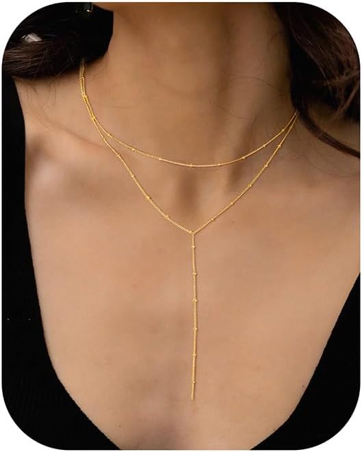 M MOOHAM Gold Lariat Necklace for Women - Dainty 14K Gold Plated Y-Shaped Long Drop Necklace Pearl Cross Clover Butterfly Cubic Zirconia Charm Layered Necklaces for Women Simple Jewelry Gifts