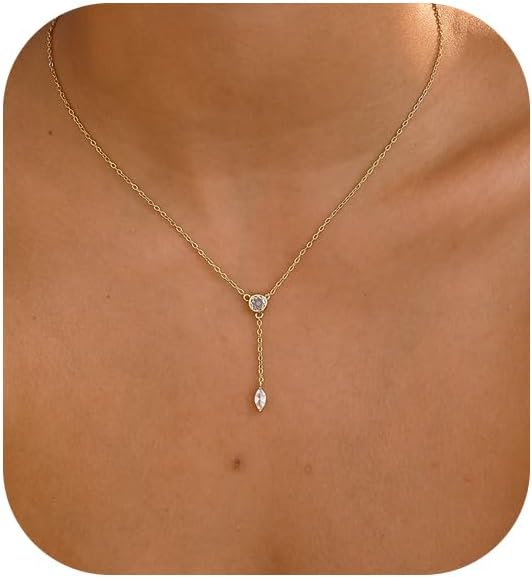 Gold Necklace for Women, Dainty Gold Long Necklaces 14k Gold Plated Prom Bar CZ Lariat Necklace Simple Choker Necklaces for Women Trendy Boho Fashion Costume Jewelry Womens