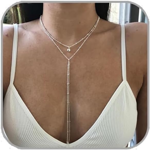 14K Gold Plated Y Necklace for Women – Dainty Lariat Long Pendant Chain, Layered Drop Necklace for V Neck Dress, Simple Sexy Cleavage Jewelry Gifts for Women