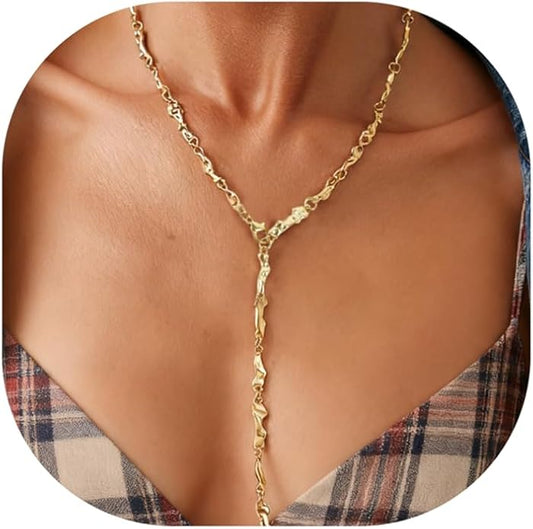 Irregular Y2k Long Y-shaped Necklace with Zircon Inlaid Sparkling Brick Tassel Pendant Double-Layer Chain High-end Fashion Accessory Women's