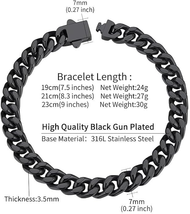 ChainsHouse Stainless Steel Cuban Link Bracelet for Men, 5mm/7mm/9mm/12mm Width, 7.5"/8.3"/9" Length, Black/18K Gold Plated Chain Wrist Bracelets for Men, with Gift Box