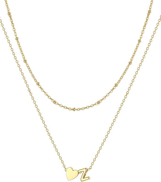 FOCALOOK Layered Initial Necklace for Women, 14K Gold Plated Choker Necklaces Stacks with Initial A-Z, Dainty Silver Heart Pendant Necklace Personalized Birthday Women Jewelry