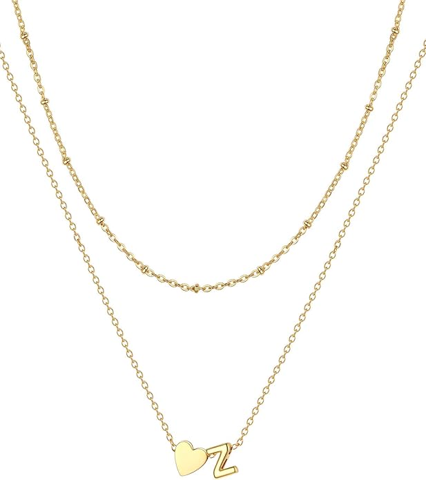 FOCALOOK Layered Initial Necklace for Women, 14K Gold Plated Choker Necklaces Stacks with Initial A-Z, Dainty Silver Heart Pendant Necklace Personalized Birthday Women Jewelry