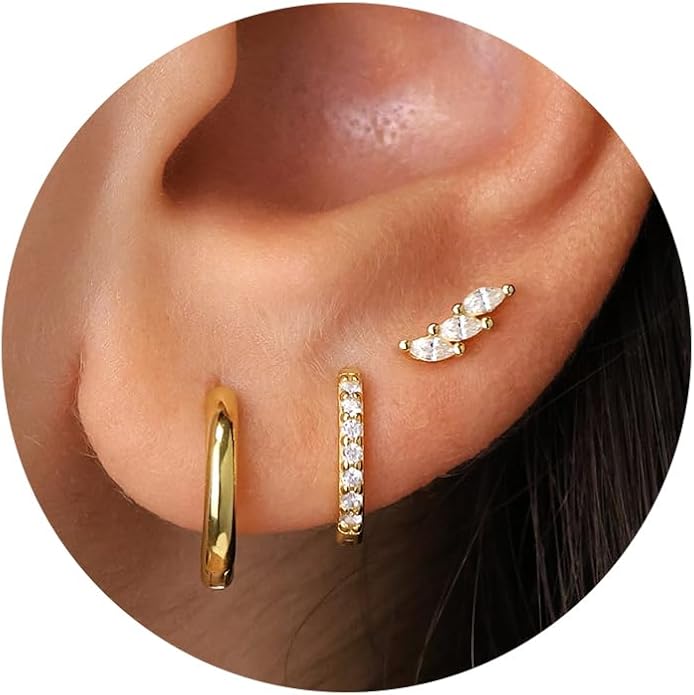 Freekiss 3 Pairs Gold Hoop Earrings Set: Dainty Stud Earrings Trendy Small 14K Gold Plated Hypoallergenic Dangle Cartilage Huggie Hoop Earrings for Women Gold Jewelry for Women Gifts