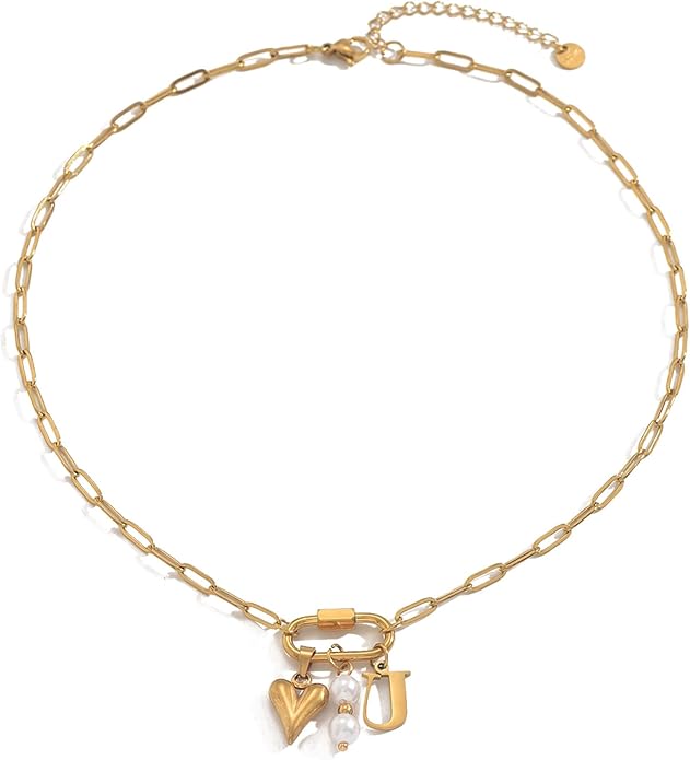 Gold Heart Initial Necklaces for Women 18K Gold Plated Dainty Pearl Letter Necklace Personalized Monogram Name A-Z Pendant Everyday Jewelry for Women