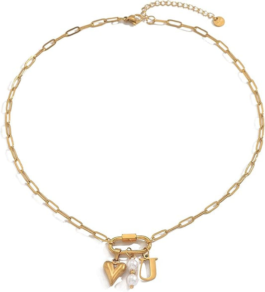 Gold Heart Initial Necklaces for Women 18K Gold Plated Dainty Pearl Letter Necklace Personalized Monogram Name A-Z Pendant Everyday Jewelry for Women