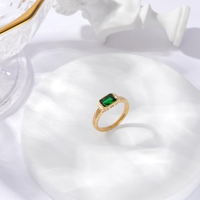 Gold Emerald Rings Gold Rings for Women Dainty Green Rings Cut Emerald Gemstones CZ Non Tarnish Gold Rings 14K Gold Plated Rings for Women Band Size 6/7/8/9