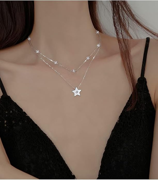 YinShan Layered Choker Necklace 925 Sterling Silver Star Moon Clavicle Jewelry Adjustable Lariat Necklaces for Women Girls Birthday Valentine's Day Gifts