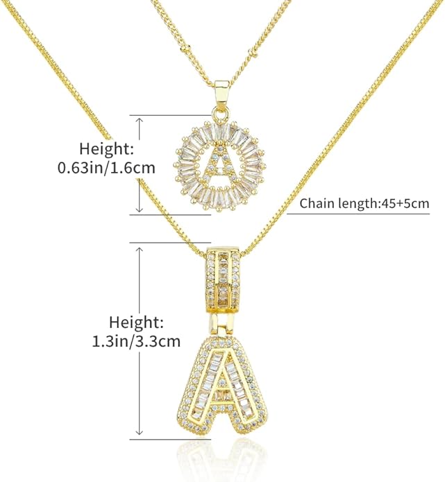 14K Gold Plated Initial Letter Pendant Necklace, Cubic Zirconia Crystal, Copper Chain