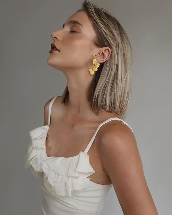 Chunky Gold Statement Earrings For Women Gold Plated Sectored Flower Leaf Shell Angel Wing Earrings Large Stud Earrings Hypoallergenic Earrings