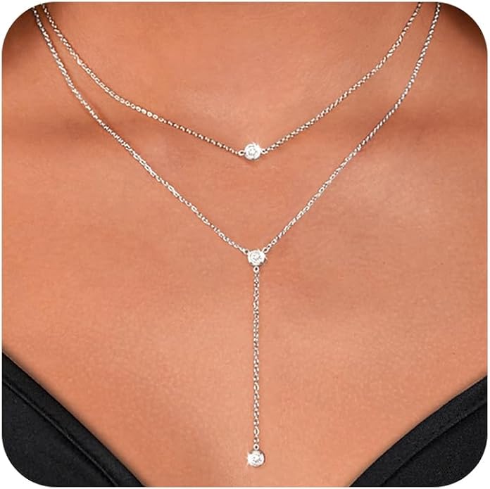 Gold Necklace for Women Trendy Lariat Y Necklace Dainty 14k Gold Plated/Silver Long Necklaces for Women Layered Beaded Drop Necklaces Simple Y-Shaped Chain Jewelry Gifts