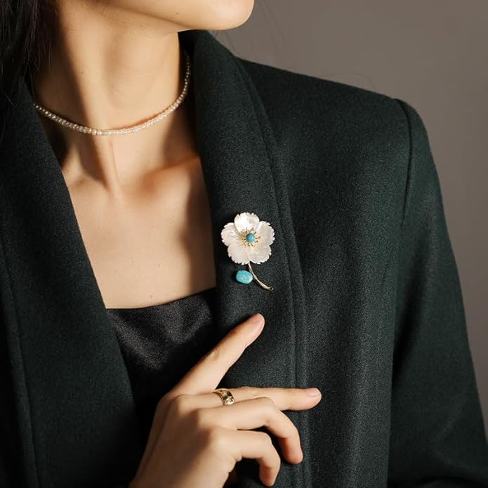 14K Gold Natural Freshwater Pearl Flower Moissanite Brooch, Minimalist Camellia Corsage with Turquoise/Agate, Unique Pin for Suit Accessory, An Elegant Gift