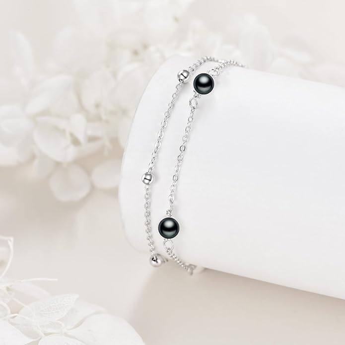 CRMAD Pearl/Moonstone/Larimar/Turquoise/Opal/Black Onyx Bracelet Anklet for Women Sterling Silver Beach Jewelry Gift for Women