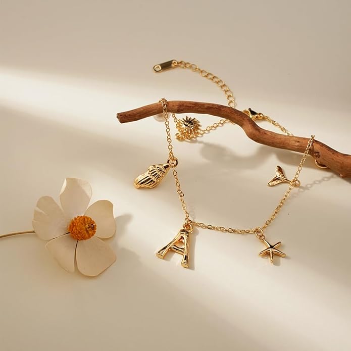 Initial Charm Anklets For Women Shell Letter Anklets Set Gold Charms Pendant Boho Summer Seashell Beach 14k Jewelry for Women Gift